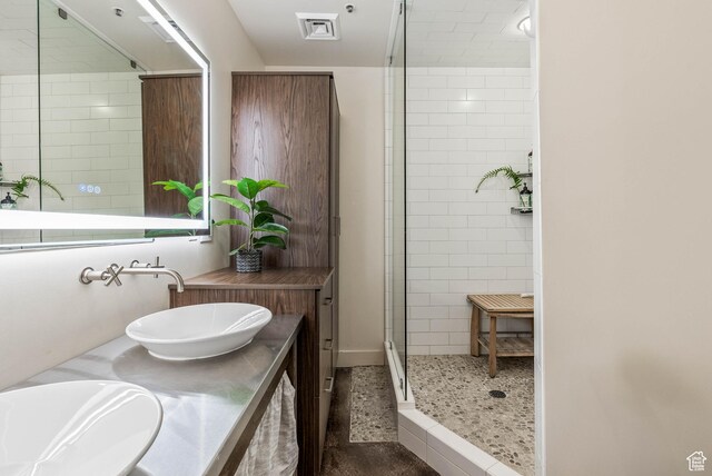 328 W 200 S Unit 505, Salt Lake City, UT 84101 - bathroom with double vanity, a shower stall, and a sink