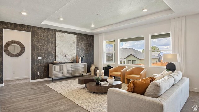 living area featuring a tray ceiling, wood finished floors, baseboards, and recessed lighting