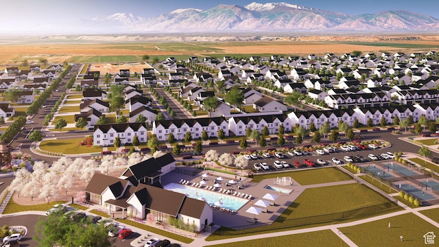 aerial view with a mountain view and a residential view