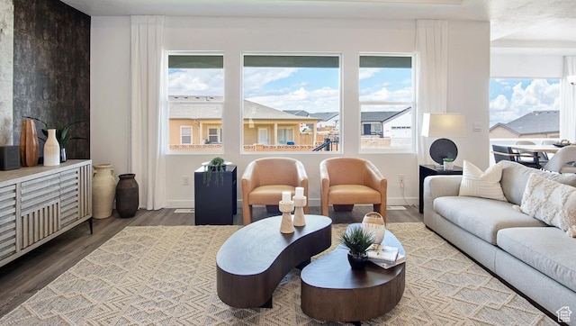 living area featuring baseboards and wood finished floors