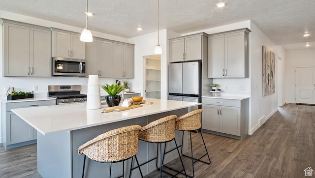 kitchen with appliances with stainless steel finishes, gray cabinetry, and dark wood-style floors