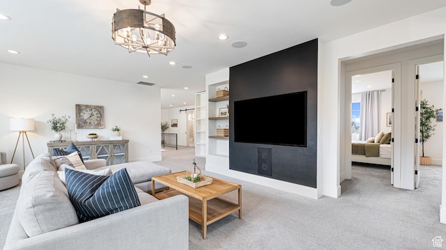 living area featuring light carpet, baseboards, visible vents, and recessed lighting