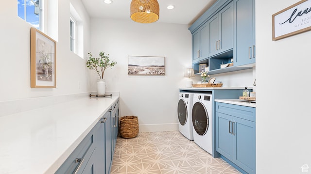 laundry area featuring cabinet space, baseboards, washer and dryer, and recessed lighting