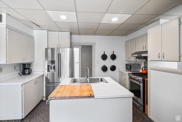 kitchen with a sink, a center island with sink, light countertops, under cabinet range hood, and appliances with stainless steel finishes