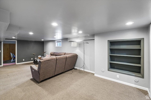 living area featuring recessed lighting, carpet floors, and baseboards