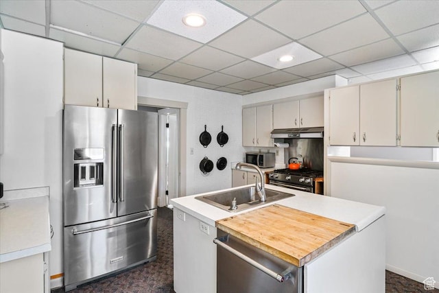 kitchen featuring stainless steel appliances, a sink, a center island with sink, light countertops, and under cabinet range hood