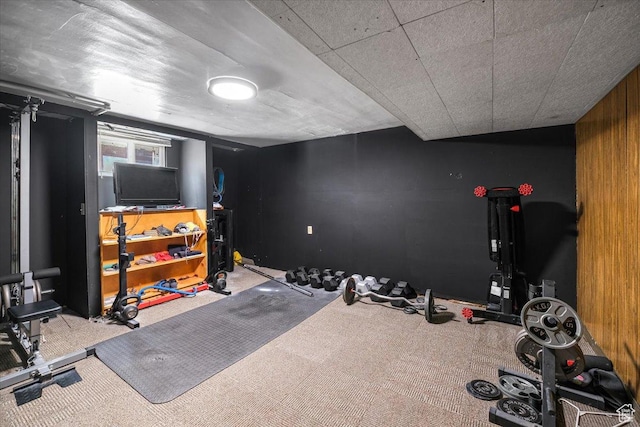 exercise room featuring wooden walls and carpet floors