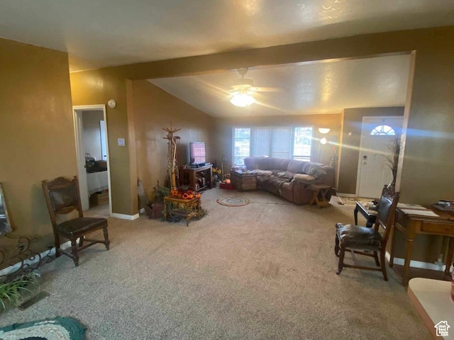 5141 W 940 S, Roosevelt, UT 84066 - carpeted living area featuring vaulted ceiling with beams, a ceiling fan, and baseboards
