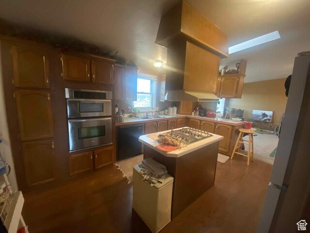5141 W 940 S, Roosevelt, UT 84066 - kitchen with range hood, light countertops, a sink, appliances with stainless steel finishes, and dark wood-style flooring