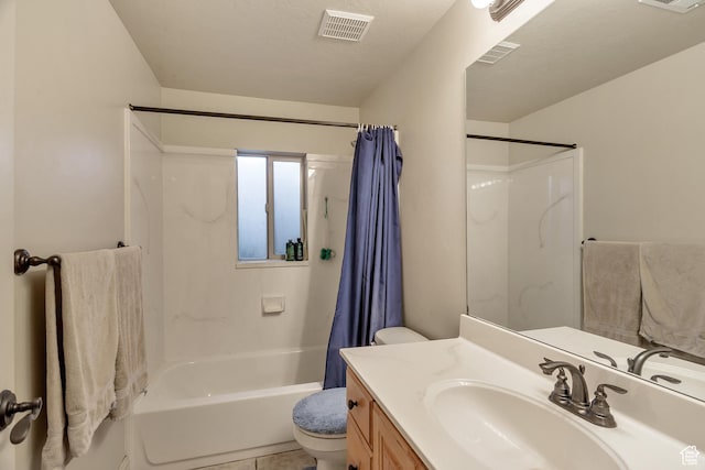 full bath featuring visible vents, toilet, vanity, and shower / bath combination with curtain