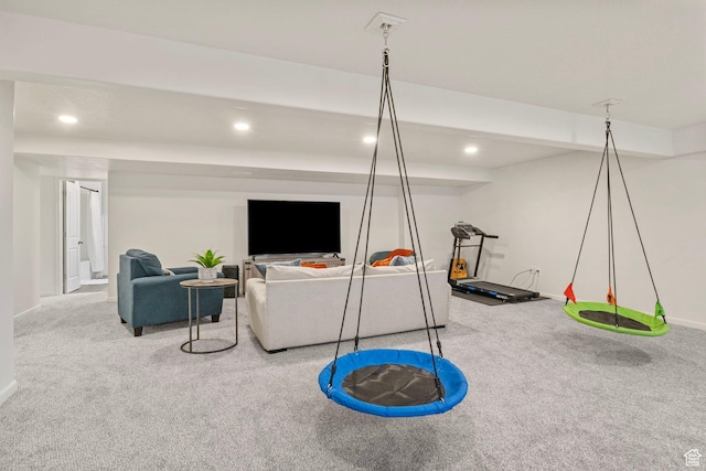 interior space with recessed lighting, carpet floors, and baseboards