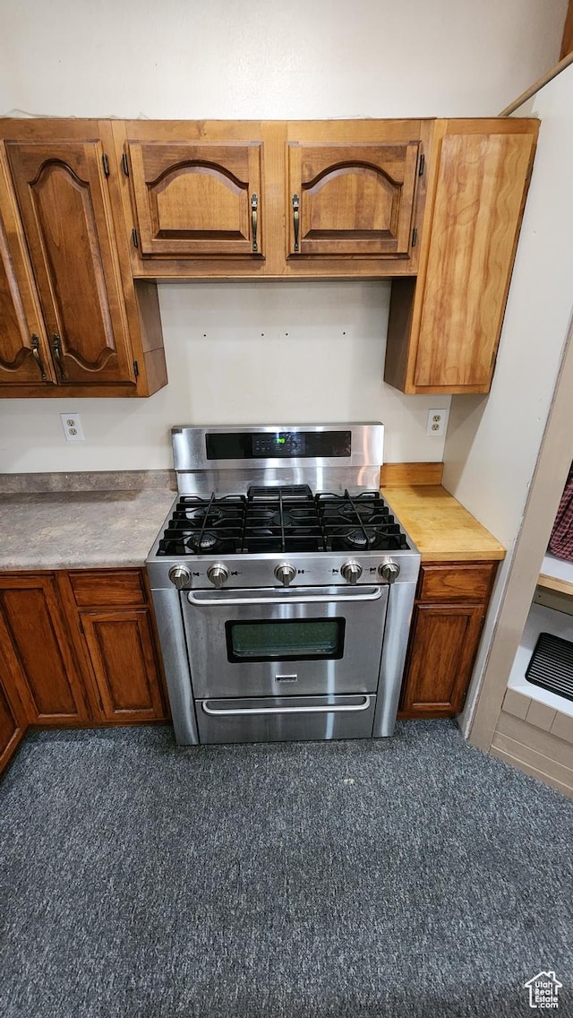 418 S 100 E, Wellington, UT 84542 - kitchen featuring stainless steel gas stove, light countertops, and brown cabinetry