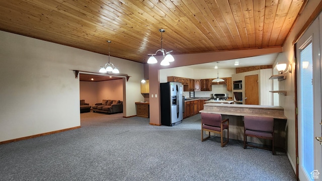 418 S 100 E, Wellington, UT 84542 - kitchen featuring appliances with stainless steel finishes, light colored carpet, brown cabinetry, a peninsula, and wood ceiling