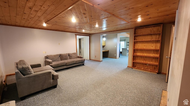 418 S 100 E, Wellington, UT 84542 - living room featuring light colored carpet, built in shelves, wooden ceiling, and recessed lighting