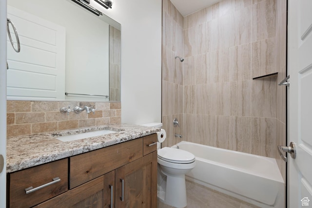 bathroom featuring shower / bathing tub combination, backsplash, toilet, and vanity