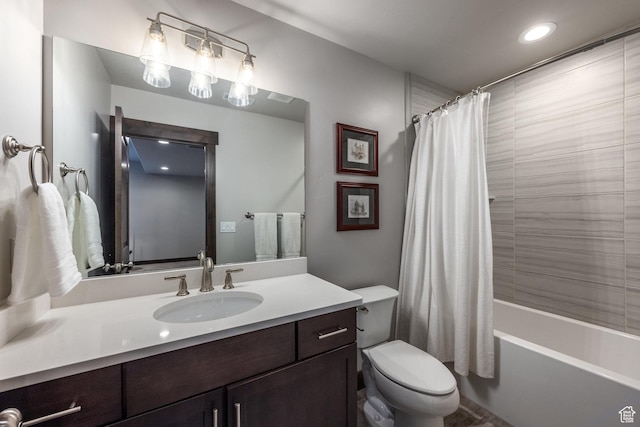 1166 W Cadence Ct, Kamas, UT 84036 - full bath featuring toilet, vanity, shower / tub combo with curtain, and recessed lighting