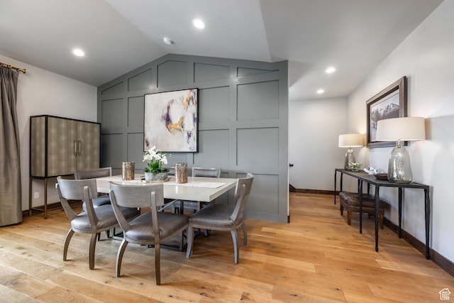 1166 W Cadence Ct, Kamas, UT 84036 - dining space featuring light wood-style flooring, baseboards, recessed lighting, and vaulted ceiling