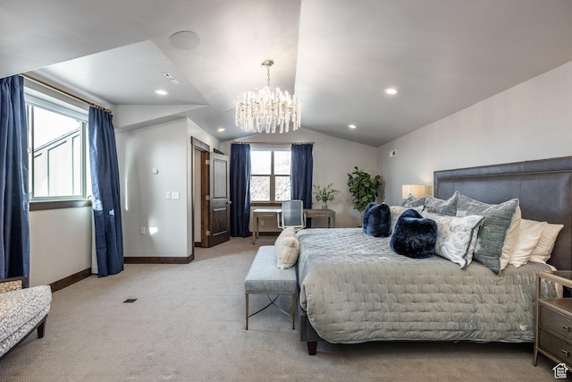 1166 W Cadence Ct, Kamas, UT 84036 - carpeted bedroom with lofted ceiling, baseboards, recessed lighting, and a chandelier