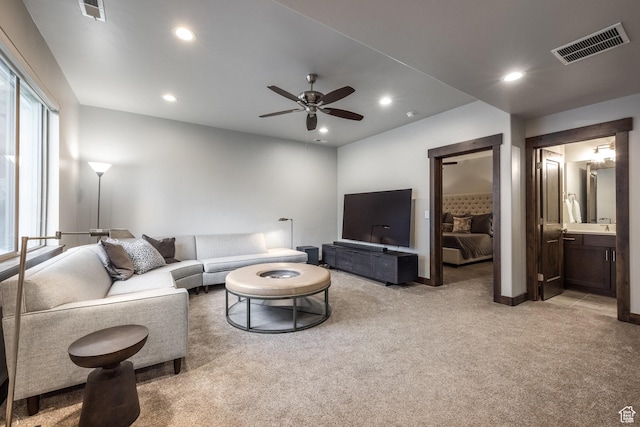 1166 W Cadence Ct, Kamas, UT 84036 - living area featuring ceiling fan, light carpet, visible vents, and recessed lighting