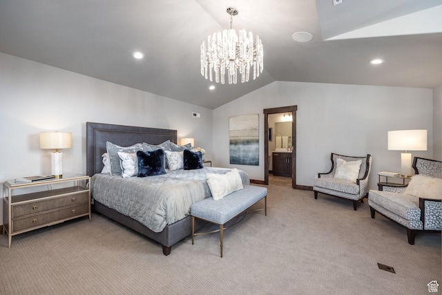 1166 W Cadence Ct, Kamas, UT 84036 - bedroom with an inviting chandelier, vaulted ceiling, carpet floors, and recessed lighting