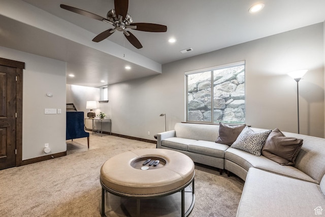 1166 W Cadence Ct, Kamas, UT 84036 - living room with light carpet, baseboards, visible vents, recessed lighting, and ceiling fan
