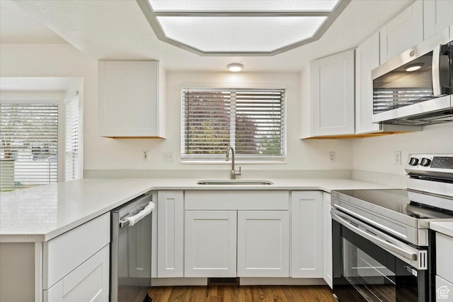 kitchen featuring light countertops, wood finished floors, a sink, appliances with stainless steel finishes, and white cabinetry