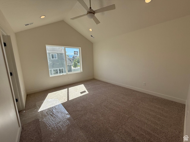 unfurnished bedroom featuring carpet flooring, lofted ceiling, recessed lighting, a ceiling fan, and baseboards