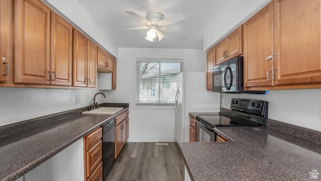 22 W La Vista Dr S, West Jordan, UT 84088 - kitchen featuring a sink, brown cabinetry, black appliances, ceiling fan, and dark wood finished floors