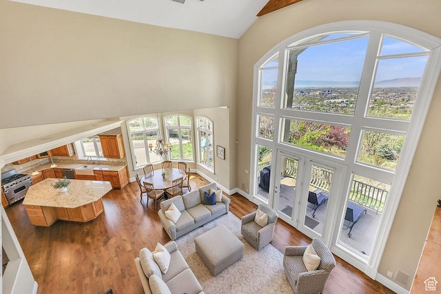 943 N Terrace Dr, Provo, UT 84604 - living area with baseboards, high vaulted ceiling, and dark wood-style flooring