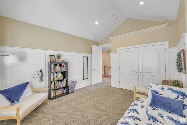 943 N Terrace Dr, Provo, UT 84604 - carpeted bedroom with a closet, a decorative wall, high vaulted ceiling, and wainscoting