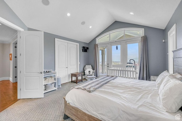 943 N Terrace Dr, Provo, UT 84604 - bedroom with access to exterior, vaulted ceiling, recessed lighting, carpet, and a closet