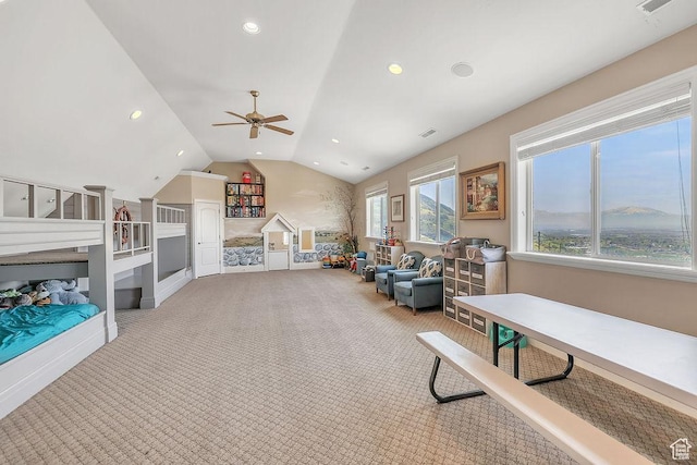 943 N Terrace Dr, Provo, UT 84604 - interior space with recessed lighting, vaulted ceiling, carpet floors, and ceiling fan