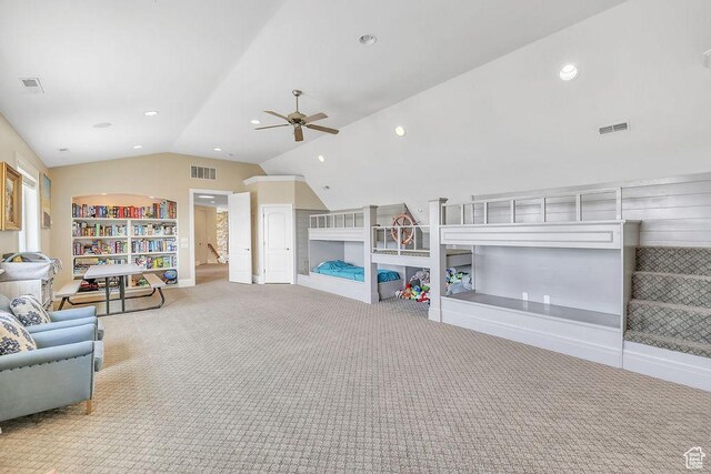943 N Terrace Dr, Provo, UT 84604 - playroom featuring vaulted ceiling, carpet, visible vents, and a ceiling fan