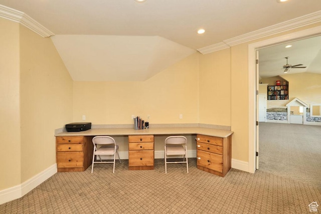 943 N Terrace Dr, Provo, UT 84604 - unfurnished office with recessed lighting, built in study area, lofted ceiling, and light carpet