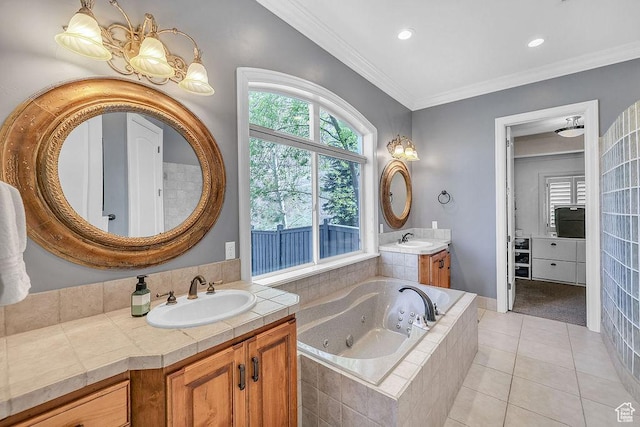 943 N Terrace Dr, Provo, UT 84604 - full bathroom with crown molding, a jetted tub, tile patterned flooring, and a sink