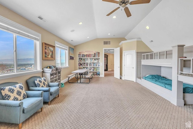 943 N Terrace Dr, Provo, UT 84604 - interior space with vaulted ceiling, visible vents, carpet flooring, and a ceiling fan
