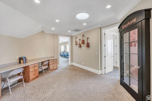 943 N Terrace Dr, Provo, UT 84604 - office with recessed lighting, visible vents, crown molding, and light carpet