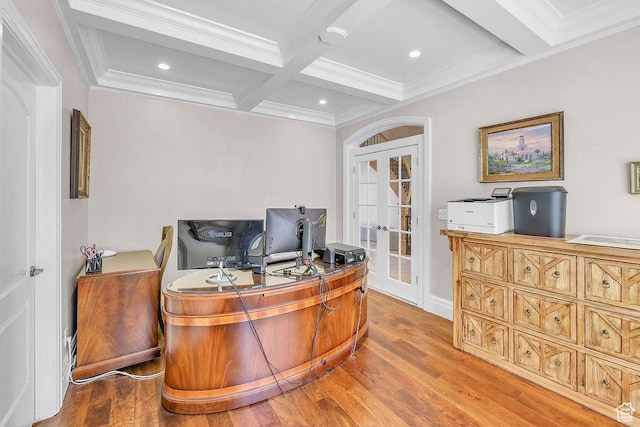 943 N Terrace Dr, Provo, UT 84604 - office featuring french doors, coffered ceiling, beamed ceiling, wood finished floors, and ornamental molding