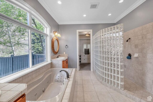 943 N Terrace Dr, Provo, UT 84604 - full bathroom featuring visible vents, walk in shower, a jetted tub, tile patterned flooring, and vanity