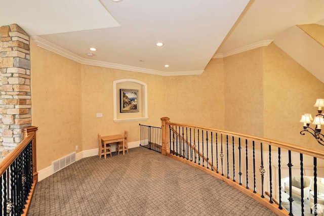 943 N Terrace Dr, Provo, UT 84604 - hallway featuring crown molding, an upstairs landing, carpet, visible vents, and recessed lighting