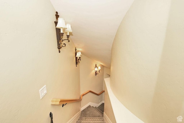 943 N Terrace Dr, Provo, UT 84604 - staircase featuring baseboards, vaulted ceiling, and carpet flooring