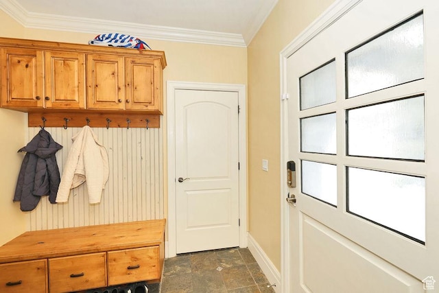 943 N Terrace Dr, Provo, UT 84604 - mudroom featuring stone finish flooring, baseboards, and ornamental molding
