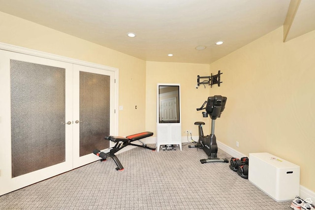 943 N Terrace Dr, Provo, UT 84604 - workout room featuring french doors, baseboards, recessed lighting, and carpet flooring
