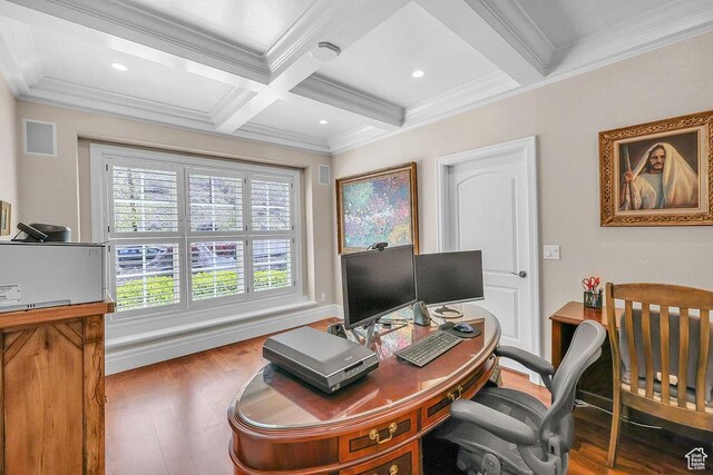 943 N Terrace Dr, Provo, UT 84604 - office space with recessed lighting, coffered ceiling, beamed ceiling, wood finished floors, and ornamental molding