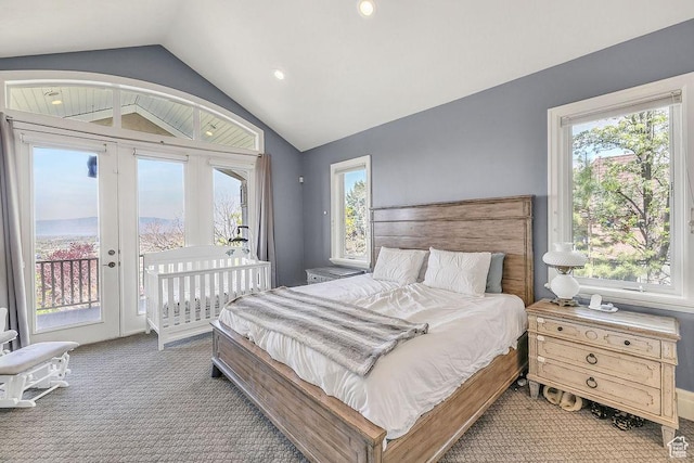 943 N Terrace Dr, Provo, UT 84604 - bedroom featuring recessed lighting, vaulted ceiling, access to exterior, and carpet floors