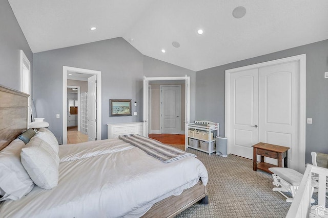 943 N Terrace Dr, Provo, UT 84604 - bedroom featuring high vaulted ceiling, a closet, light colored carpet, baseboards, and recessed lighting