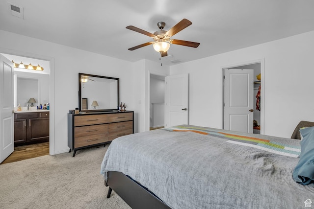 14714 S Rising Star Way, Bluffdale, UT 84065 - bedroom featuring ensuite bath, ceiling fan, visible vents, and light carpet
