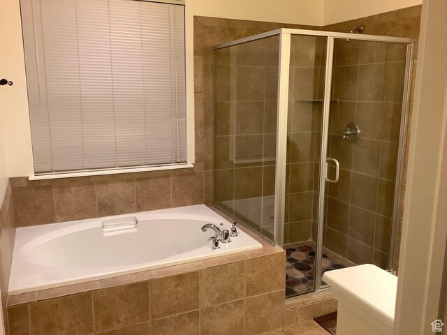 bathroom with a bath, a shower stall, and toilet