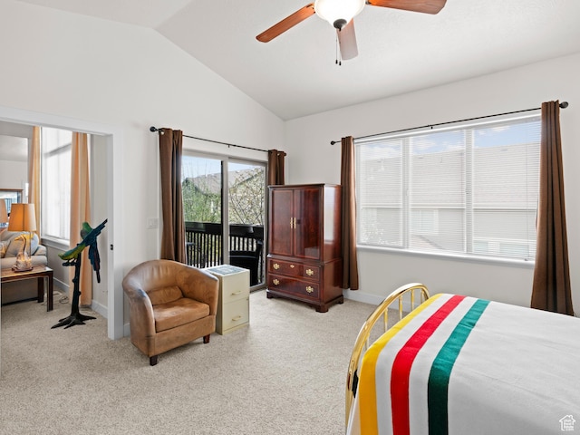 carpeted bedroom featuring ceiling fan, vaulted ceiling, access to exterior, and baseboards