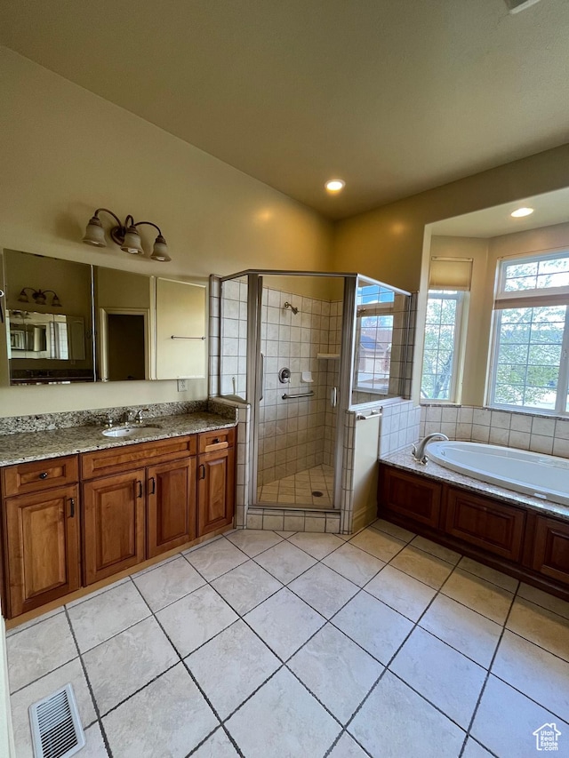 407 W Larkspur Ln, Morgan, UT 84050 - full bathroom featuring recessed lighting, a shower stall, visible vents, vanity, and a bath